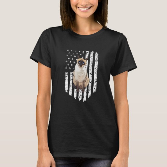 Black White American Flag Siamese 4h Of July Cat T-Shirt (Front)