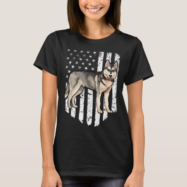 Black White American Flag Siberian Husky 4th Of Ju T-Shirt (Front)