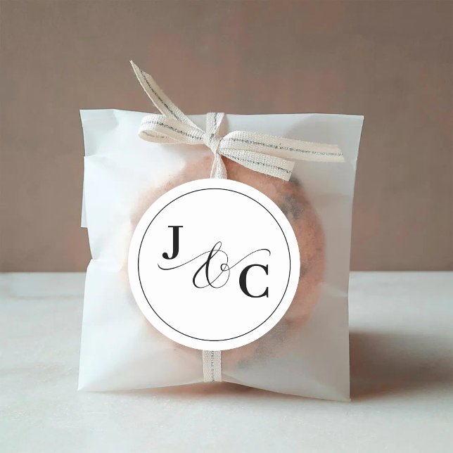 Black & White Ampersand Monogram Wedding Classic Round Sticker (White ampersand monogram sticker brings a clean, elegant finish to wedding envelopes and favors)