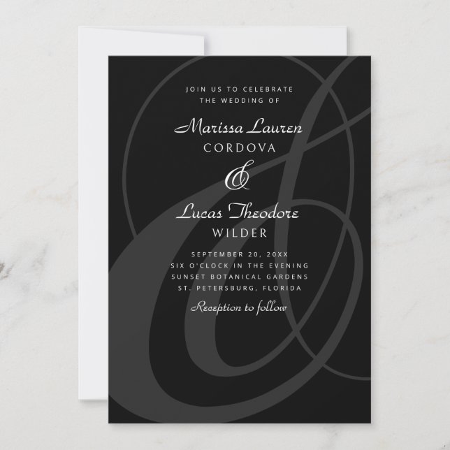 Black White Ampersand Script Calligraphy Wedding Invitation (Front)