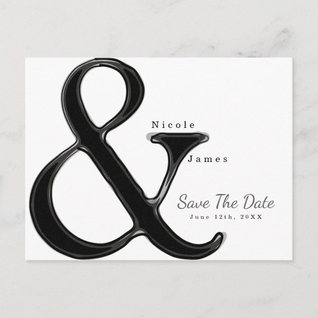Black & White Ampersand Wedding Save the Date Announcement Postcard (Front)