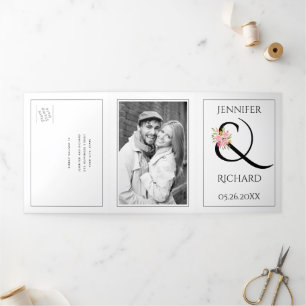 Black white ampersand with pink roses wedding Tri-Fold invitation