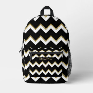 Black, White and a Glittery Gold Wavy Lines Printed Backpack