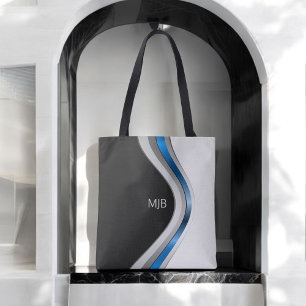 Black White and Blue Modern Curves with Monogram Tote Bag