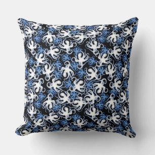 Black, White and Blue Octopus Seamless Pattern Cushion