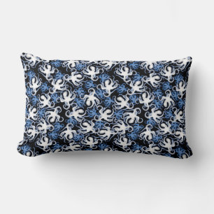 Black, White and Blue Octopus Seamless Pattern Lumbar Cushion