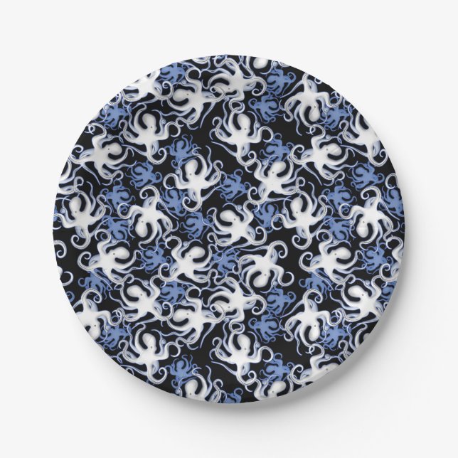 Black, White and Blue Octopus Seamless Pattern Paper Plate (Front)