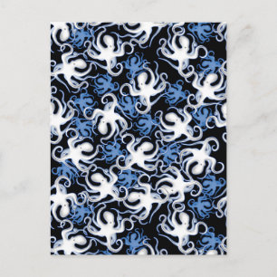Black, White and Blue Octopus Seamless Pattern Postcard