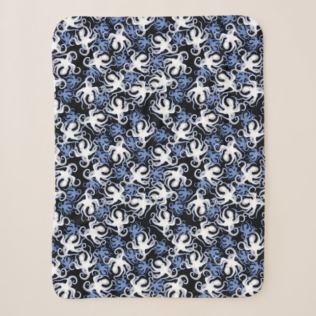 Black, White and Blue Octopus Seamless Pattern Sherpa Blanket (Front)