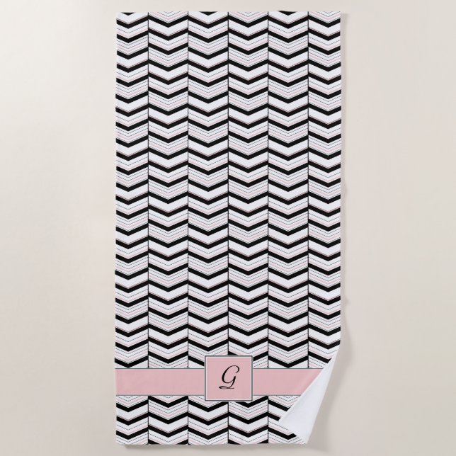 Black White and Blush Chevron Beach Towel (Front)