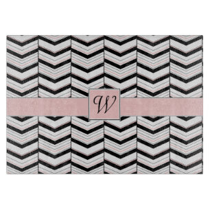 Black White and Blush Chevron Glass Cutting Board