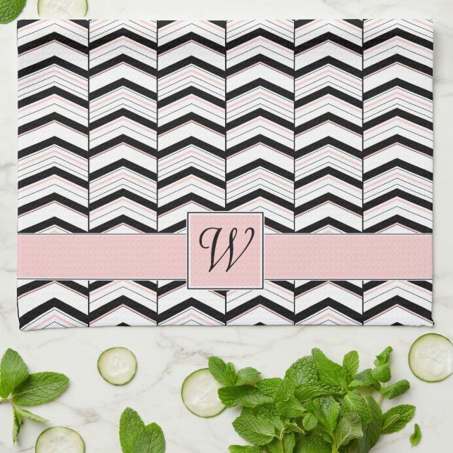 Black White and Blush Chevron Kitchen Towel (Folded)