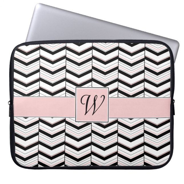 Black White and Blush Chevron Laptop Sleeve (Front)