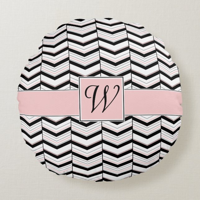 Black White and Blush Chevron Round Pillow (Front)