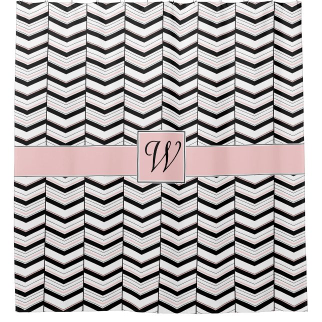 Black White and Blush Chevron Shower Curtain (Front)