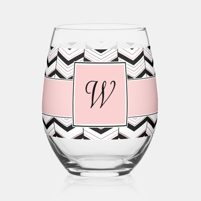 Black White and Blush Chevron Stemless Wine Glass (Front)
