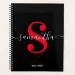 Black White and Bright Red Modern Style Monogram Planner<br><div class="desc">A personalised monogram in a white trendy style modern calligraphy paired with a bright red elegant modern font. Increase or decrease the font size as needed for your monogram. Customise the minimalist solid black background colour. Keep the school year date format, or change to suit your needs. Black, white and...</div>