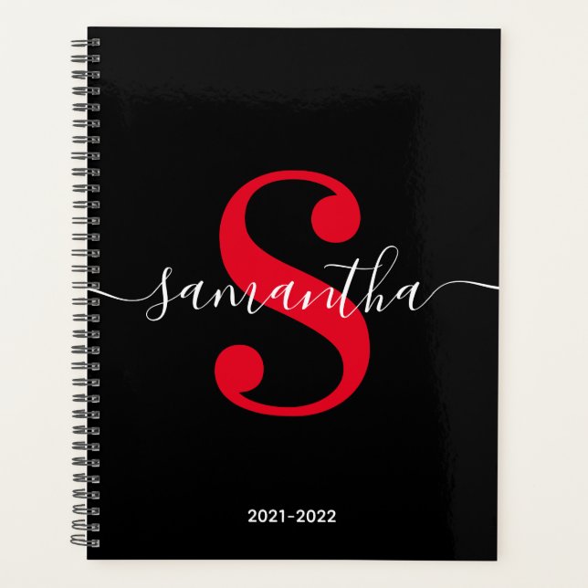 Black White and Bright Red Modern Style Monogram Planner (Front)