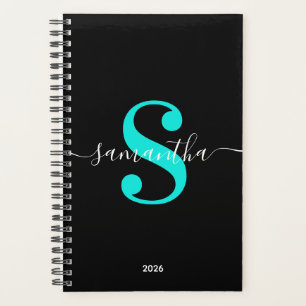 Black White and Bright Turquoise Modern Monogram Planner