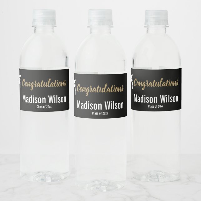 Black, White and Faux Gold Graduation Water Bottle Label (Bottles)