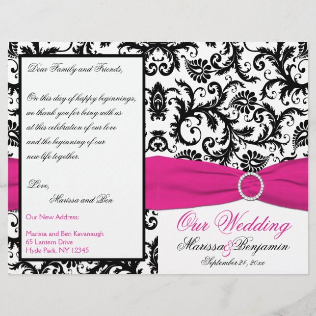 Black, White, and Fuchsia Damask Wedding Program (Front)
