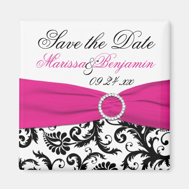 Black, White, and Fuchsia Wedding Favour Magnet (Front)