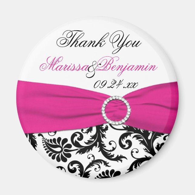 Black, White, and Fuchsia Wedding Favour Magnet (Front)