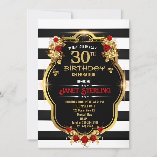 Black , White and Gold 30th Birthday Invitation (Front)