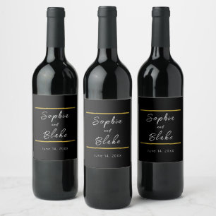 Black, White and Gold Bride & Groom Wedding Wine Label
