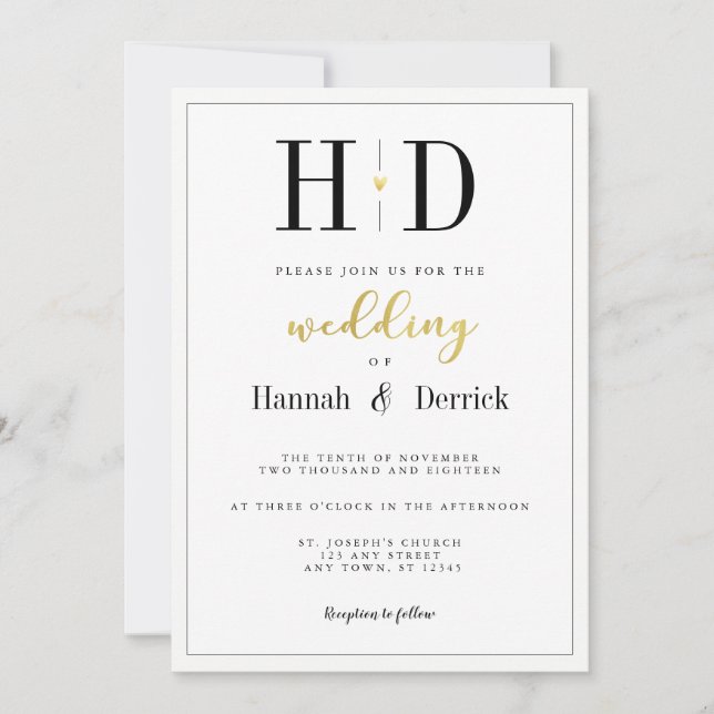 Black White and Gold Classic Monogram Wedding Invitation (Front)