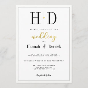 Black White and Gold Classic Monogram Wedding Invitation