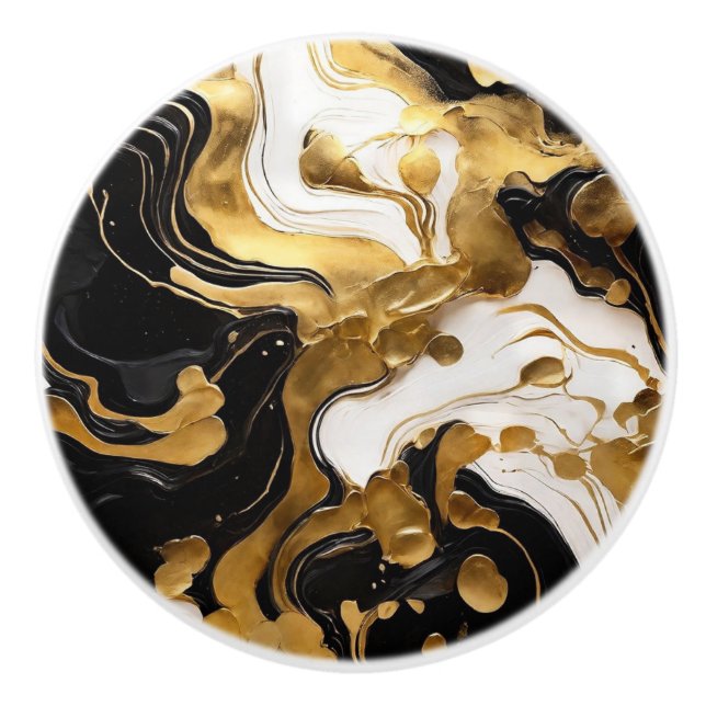 Black White and Gold Faux Marble  Ceramic Knob (Front)