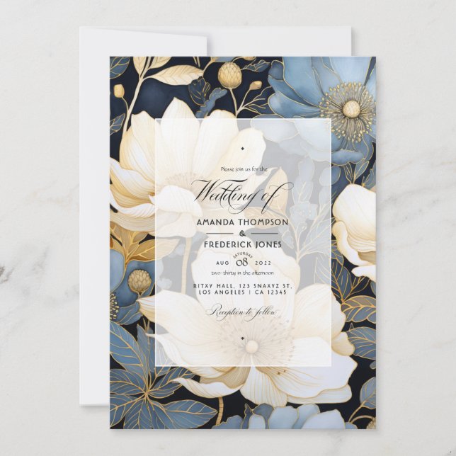 Black, White and Gold Floral Wedding Invitation (Front)