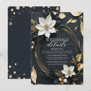 Black White and Gold Floral Wreath Wedding Details Enclosure Card
