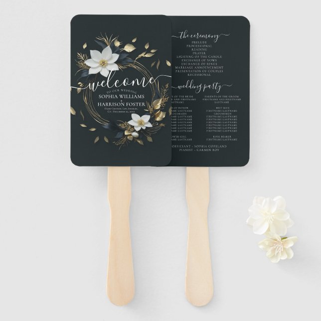 Black White and Gold Floral Wreath Wedding Program Hand Fan (Front and Back)