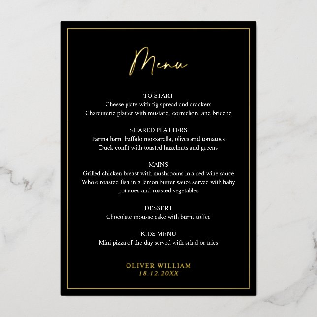 Black, White and Gold Foil Baptism Menu Card (Front)