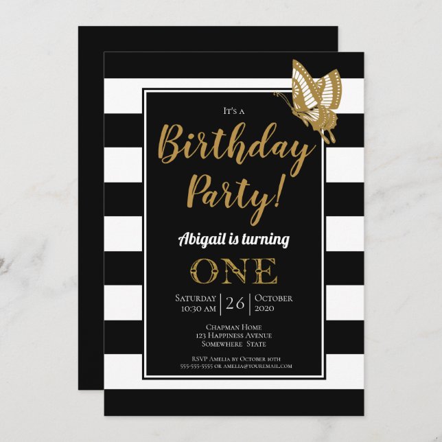 Black White and Gold Glitter 1st Birthday Party Invitation (Front/Back)