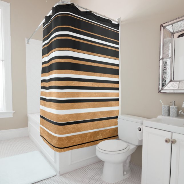 Black, White and Gold Horizontal Line Shower Curtain (In Situ)