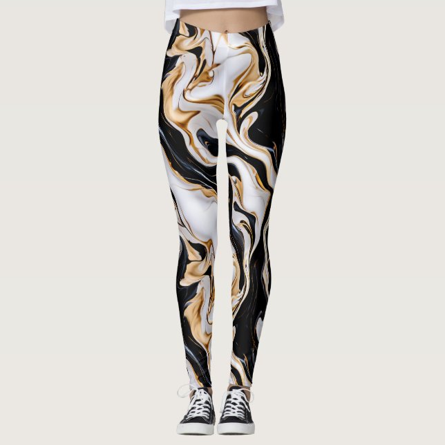 Black, White and Gold Marble Effect Ai Leggings (Front)