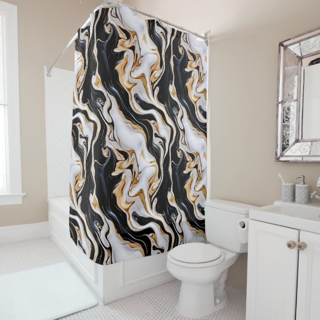 Black, White and Gold Marble  Shower Curtain (In Situ)