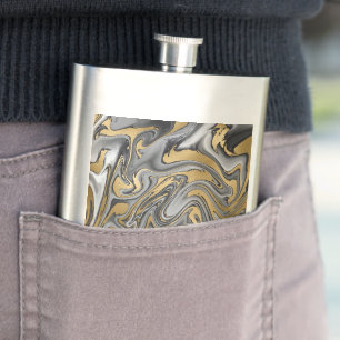 Black, White And Gold Marbled Oil Slick Abstract Hip Flask