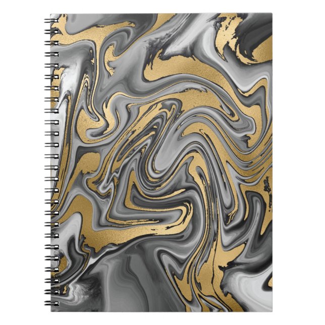 Black, White And Gold Marbled Oil Slick Abstract Notebook (Front)