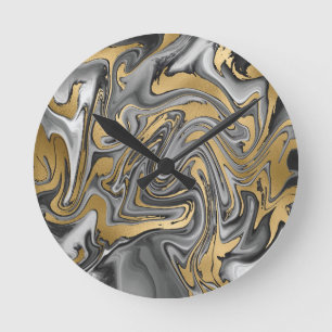 Black, White And Gold Marbled Oil Slick Abstract Round Clock