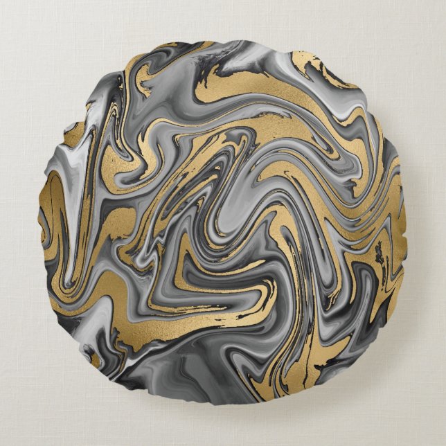 Black, White And Gold Marbled Oil Slick Abstract Round Cushion (Front)