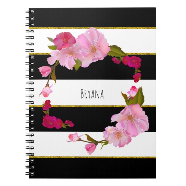 Black White and Gold Modern Floral Chic Glam Notebook (Front)