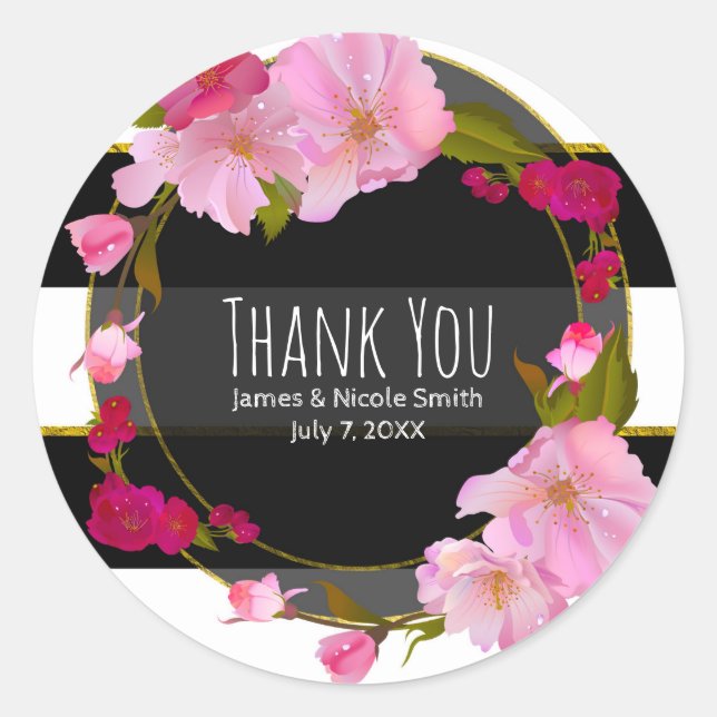 Black White and Gold Modern Floral Chic Glam Party Classic Round Sticker (Front)