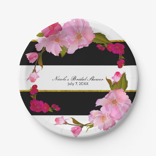 Black White and Gold Modern Floral Chic Glam Party Paper Plate (Front)