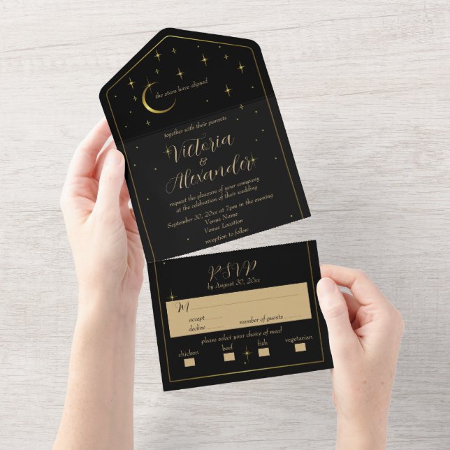 Black, White and Gold Modern Minimal Celestial All In One Invitation (Tearaway)