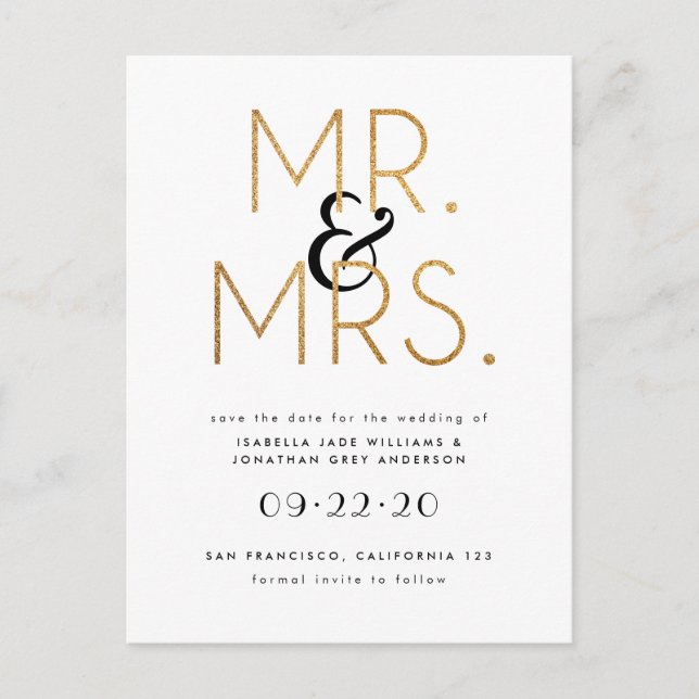 Black, White and Gold Mr & Mrs Save The Date Announcement Postcard (Front)