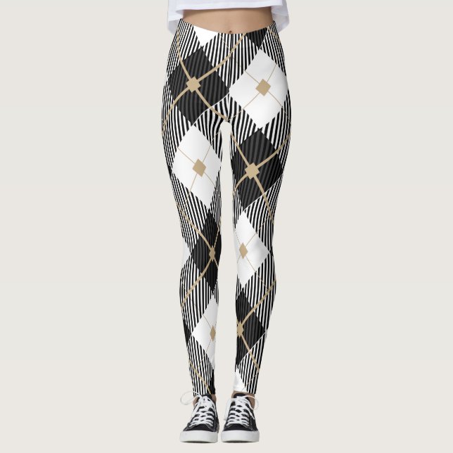 Black White and Gold Plaid Leggings (Front)
